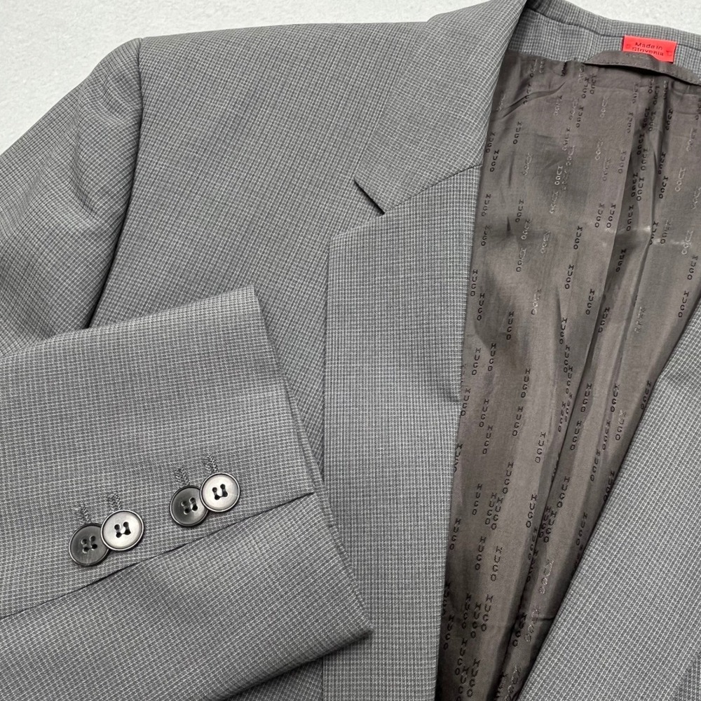 Hugo Boss Blazer AerinS Mens 40L Gray Micro Check Virgin Wool Blend‎ Sport  Coat